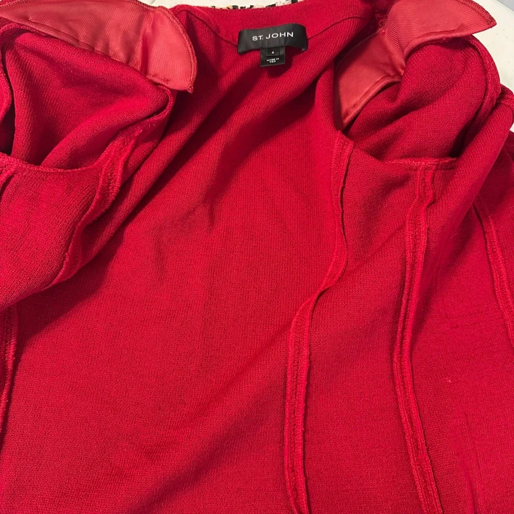 St. John Red Santana Knit Jacket Leopard Trim Rosette Sz 4 (S)